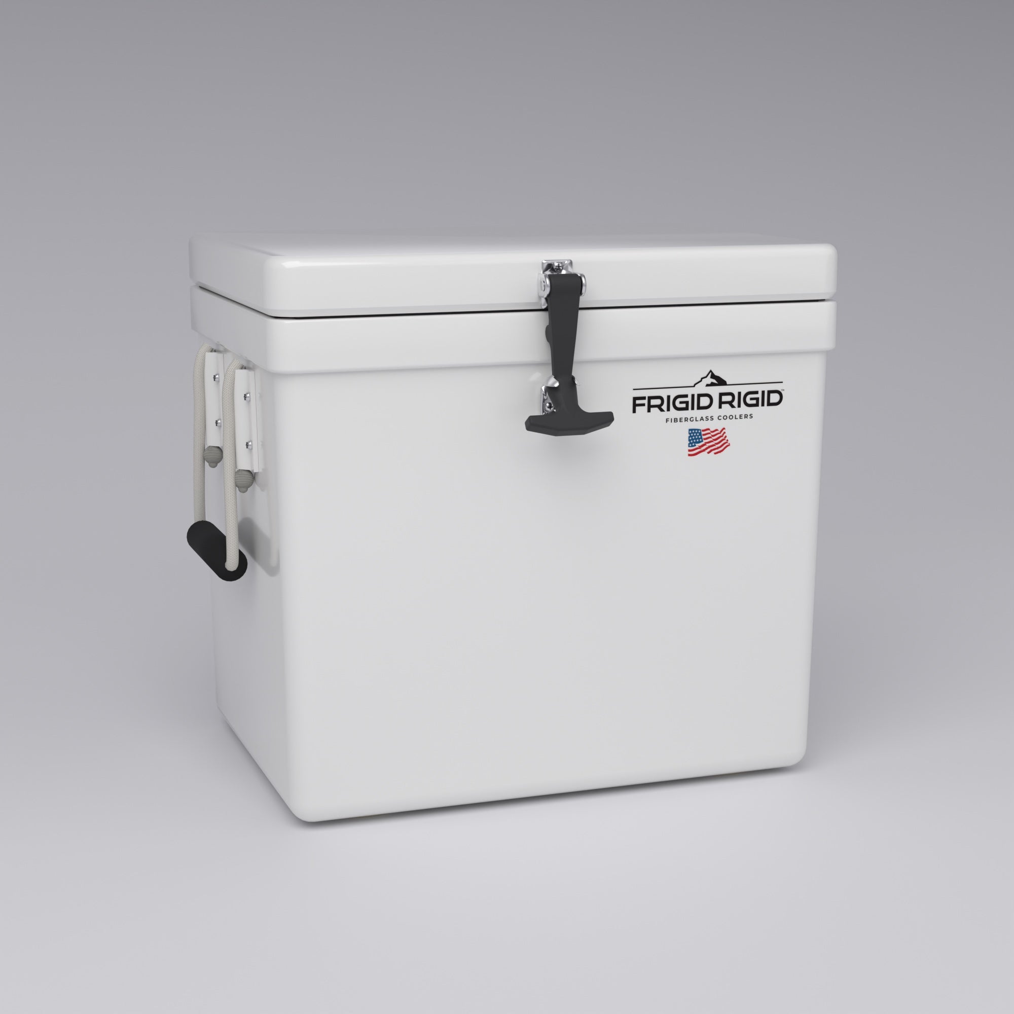 Frigid Rigid 21" x 15" x 18" fiberglass ice chest, three-quarter view