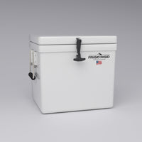 Frigid Rigid 21" x 18" x 18" fiberglass ice chest, three-quarter view