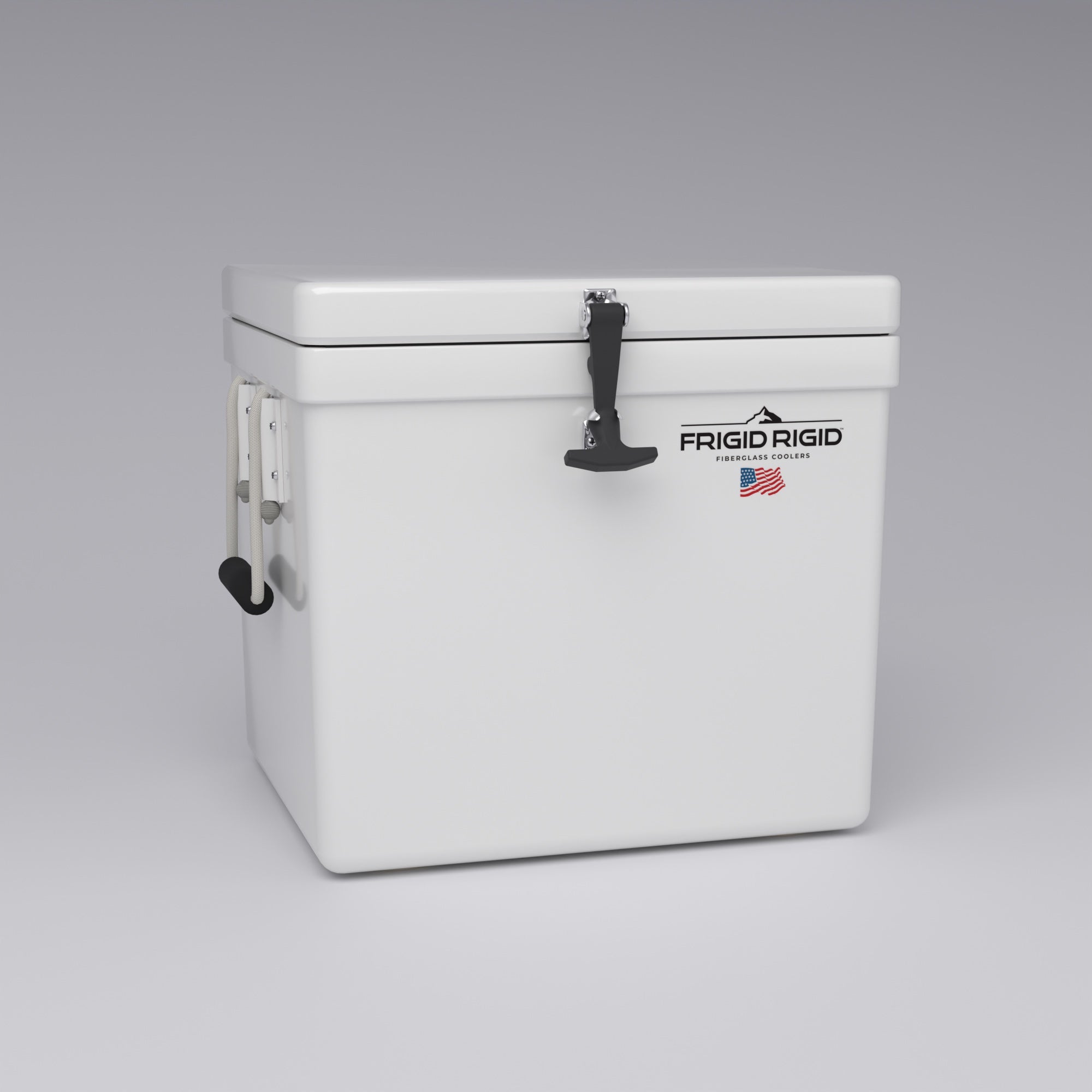 Frigid Rigid 21" x 18" x 18" fiberglass ice chest, three-quarter view