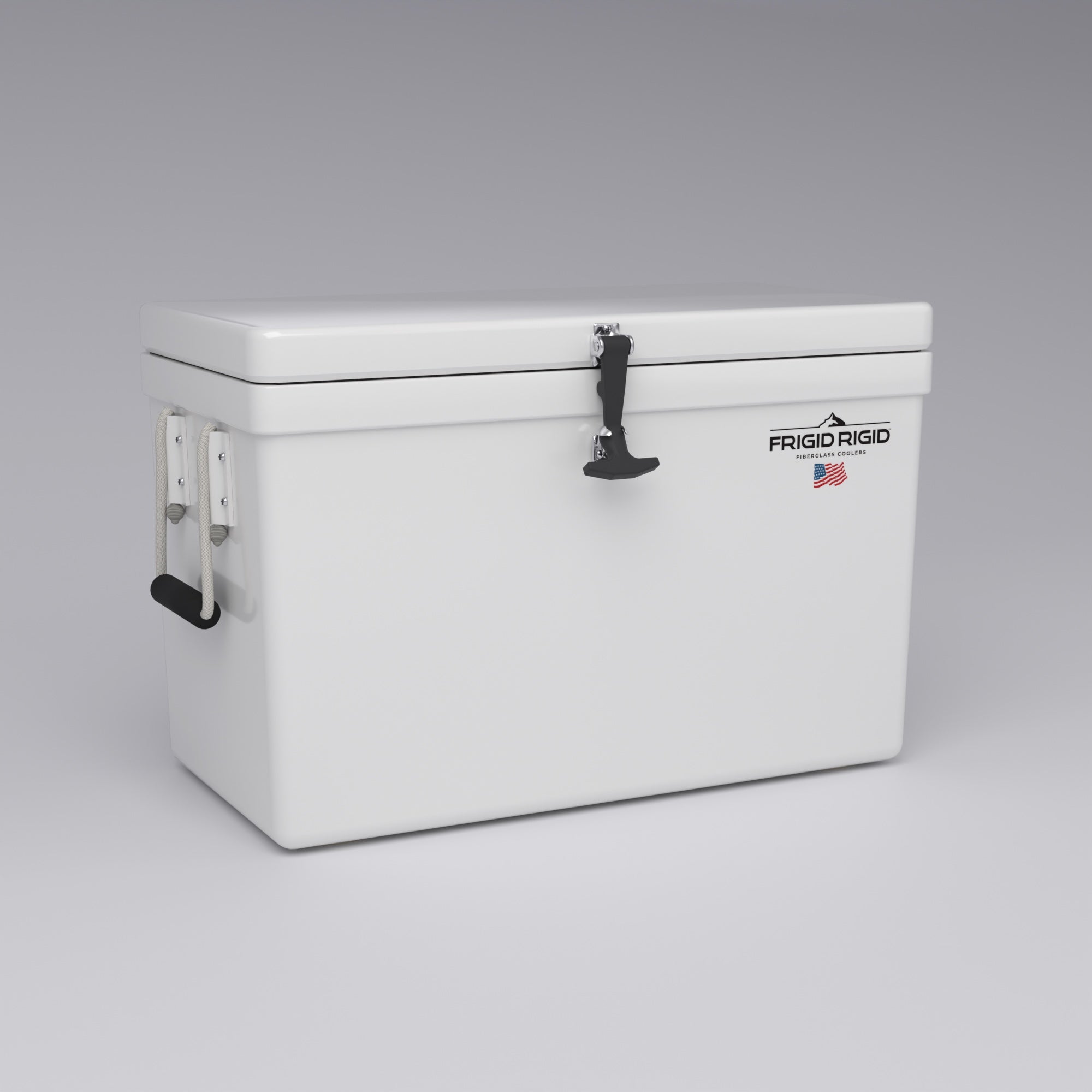 Frigid Rigid 30" x 15" x 18" fiberglass ice chest, three-quarter view