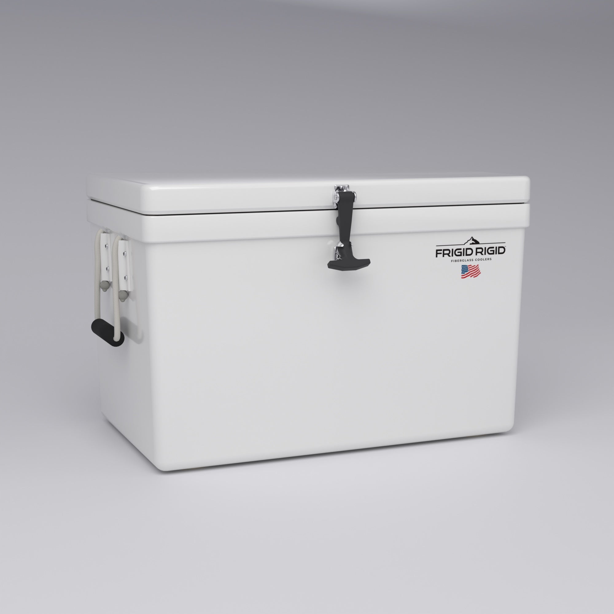 Frigid Rigid 30" x 18" x 18" fiberglass ice chest, three-quarter view