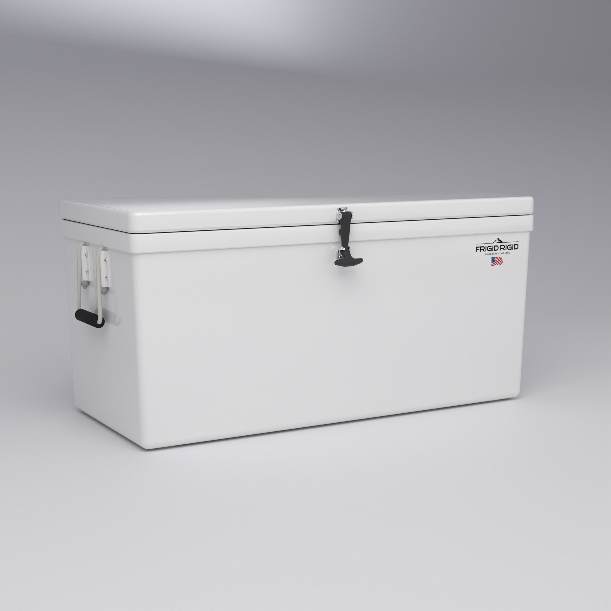 Frigid Rigid 48" x 21" x 21" fiberglass ice chest, three-quarter view