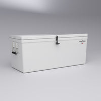 Frigid Rigid 54" x 21" x 21" fiberglass ice chest, three-quarter view