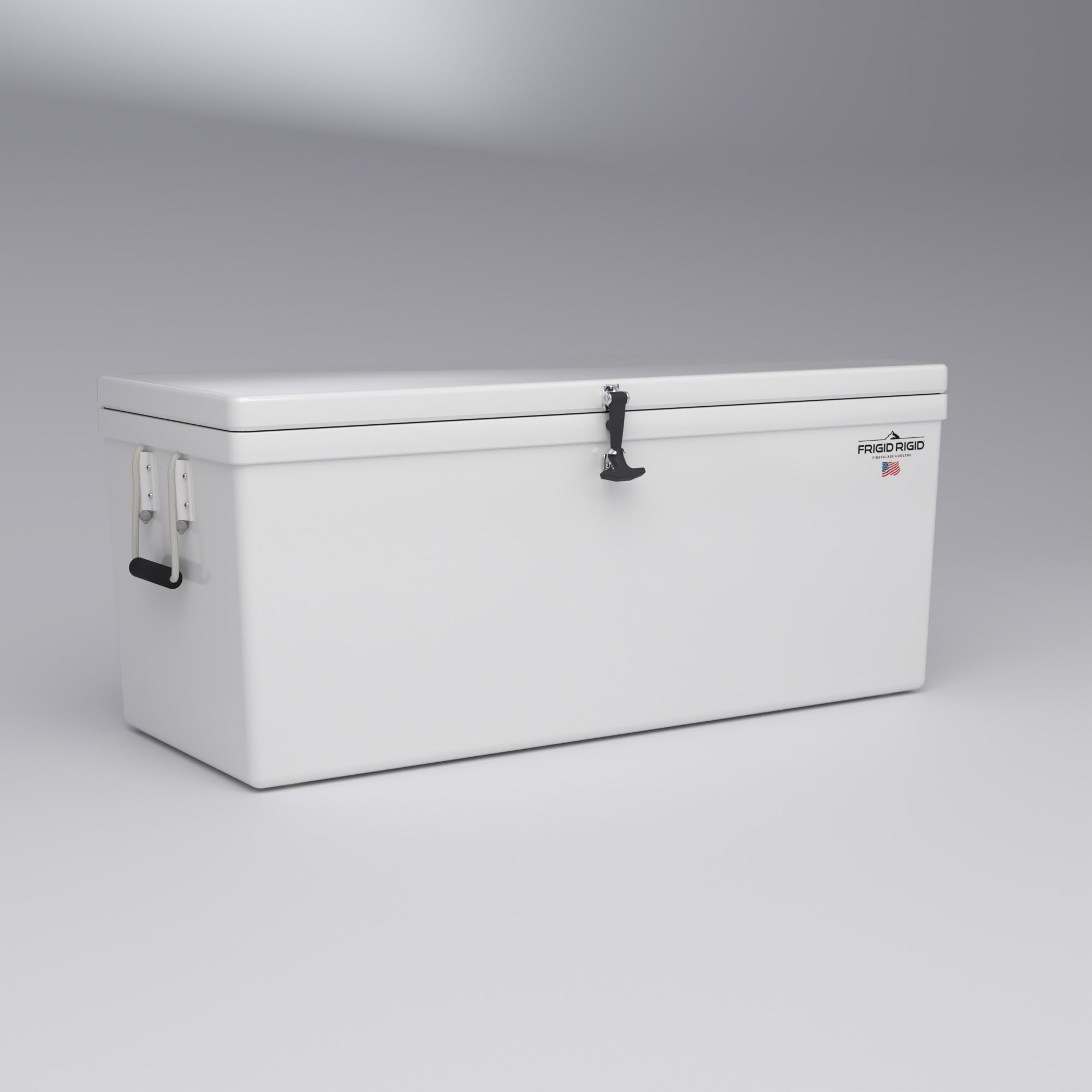 Frigid Rigid 54" x 21" x 21" fiberglass ice chest, three-quarter view