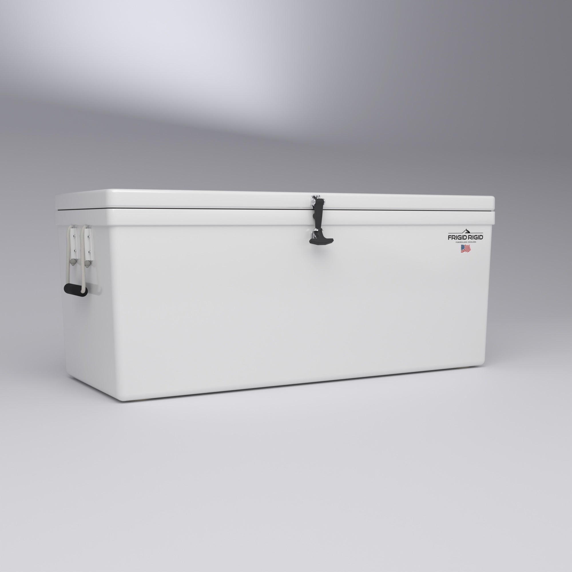 Frigid Rigid 54" x 21" x 21" fiberglass ice chest, low angle