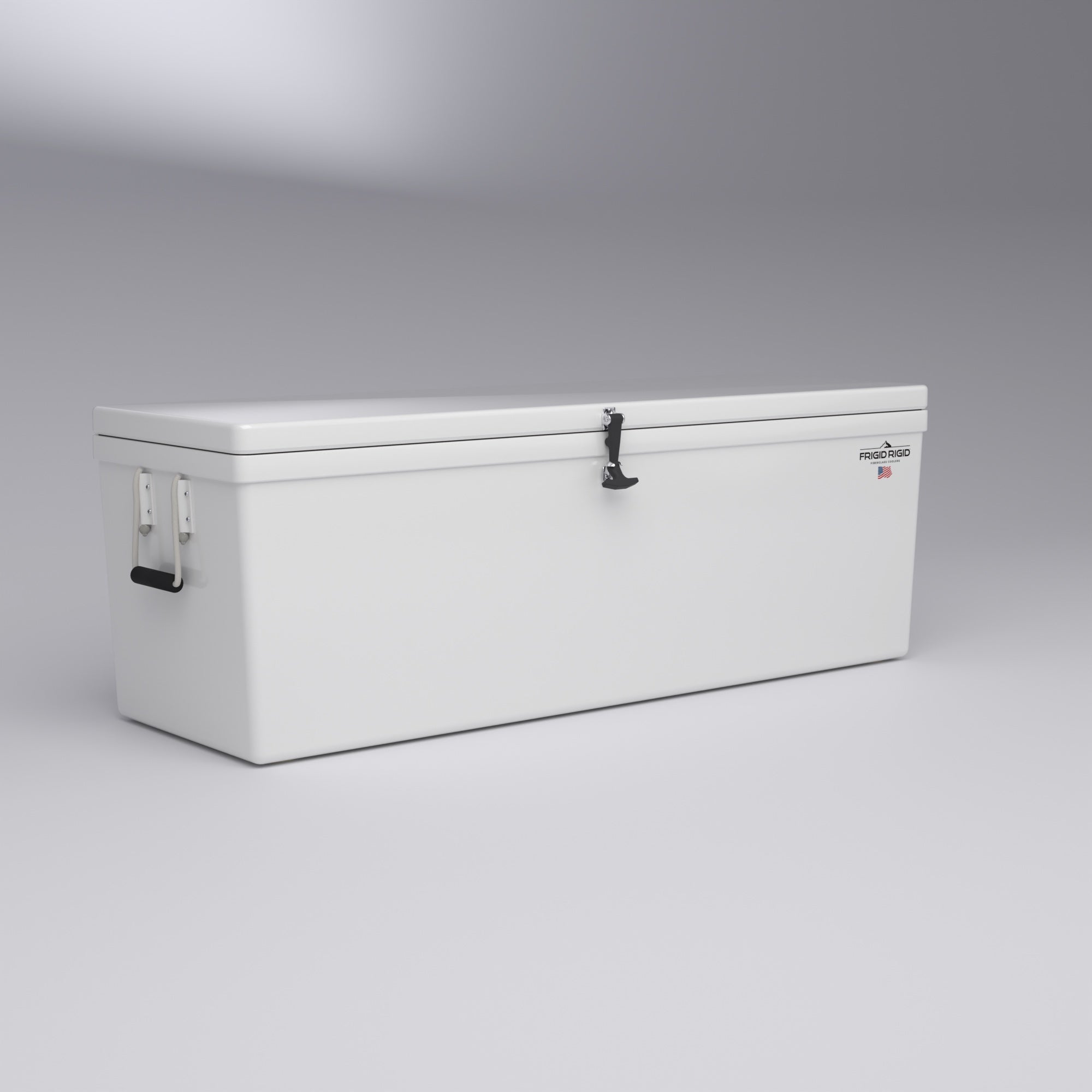 Frigid Rigid 66" x 21" x 21" fiberglass ice chest, three-quarter view