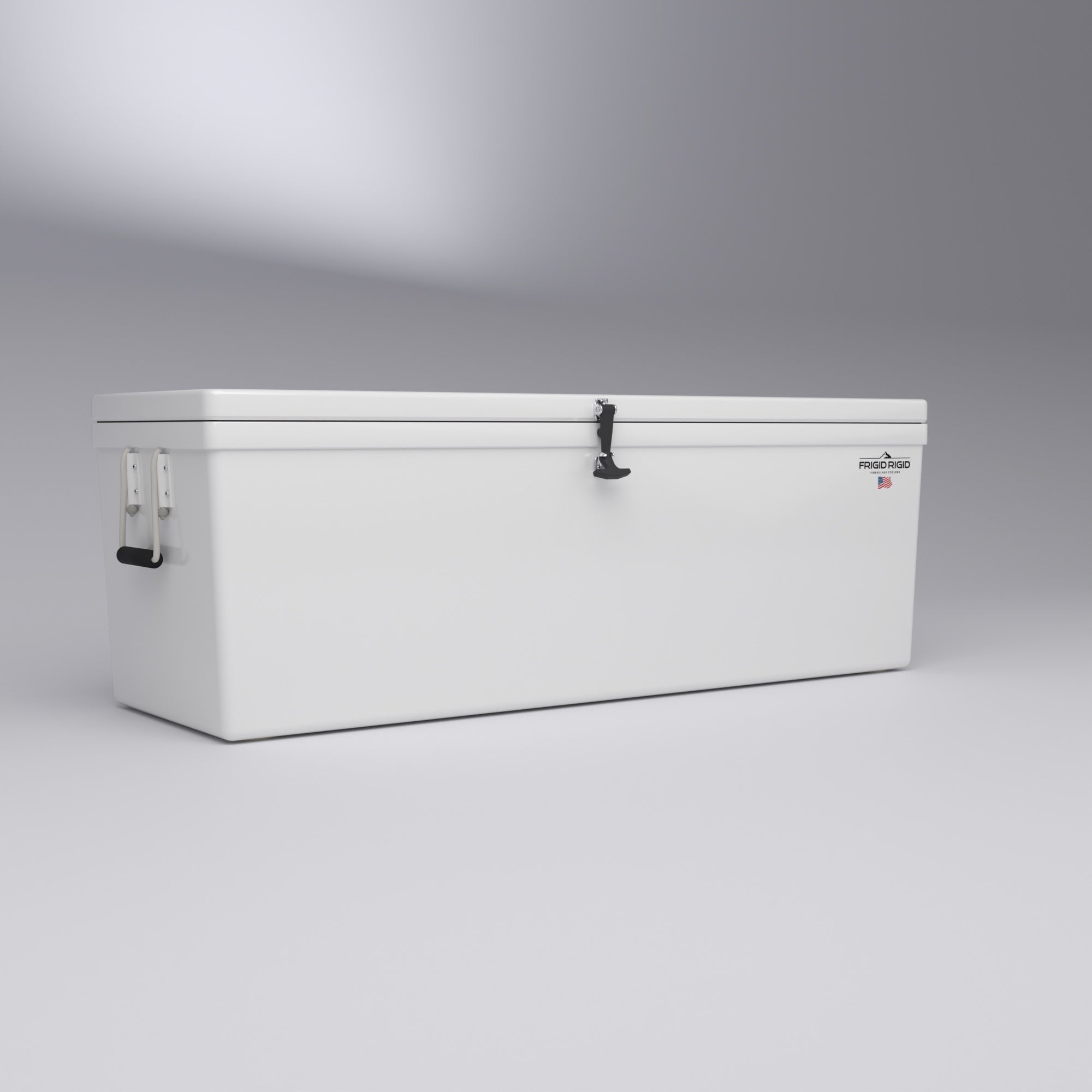 Frigid Rigid 66" x 21" x 21" fiberglass ice chest, low angle