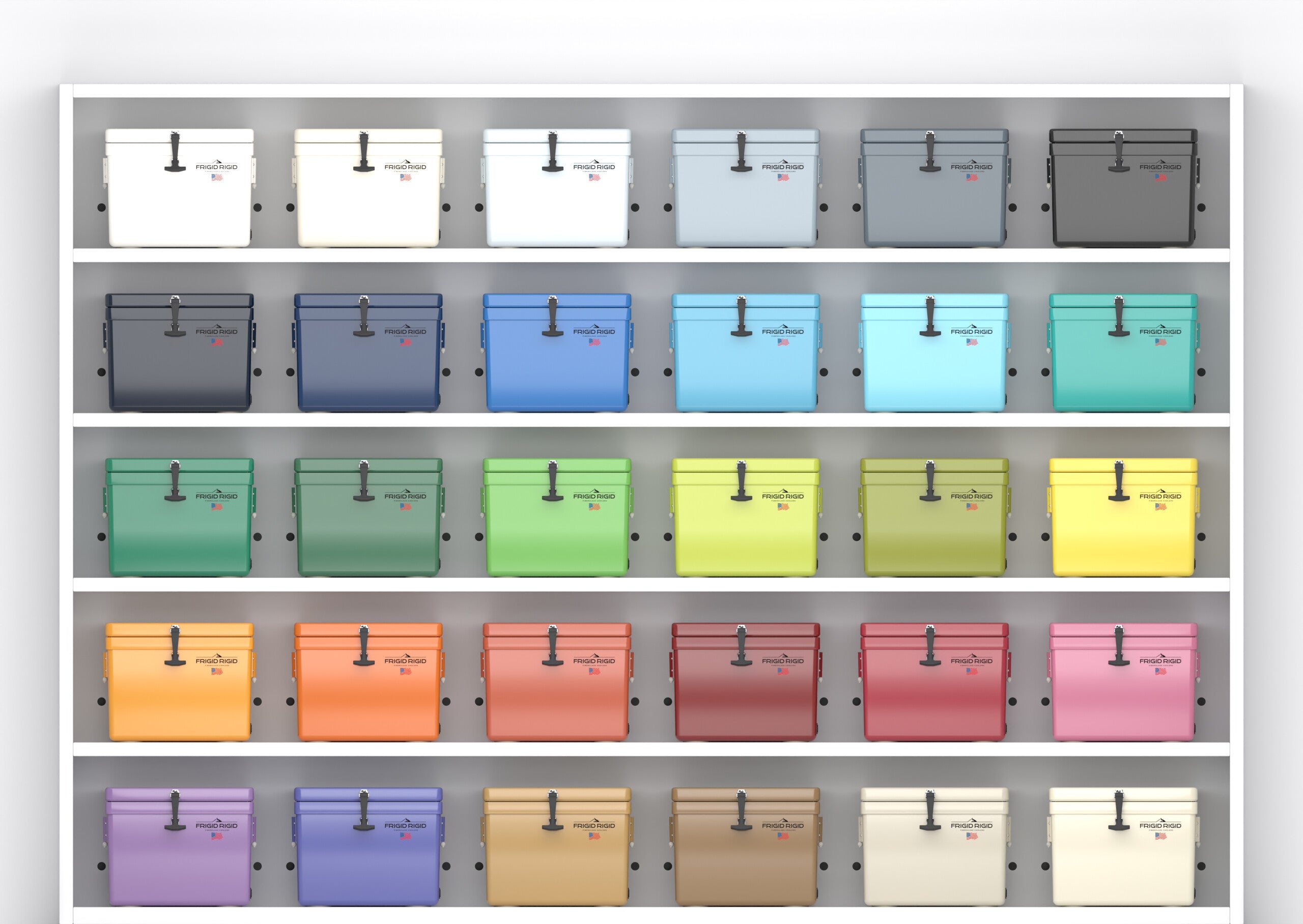 Frigid Rigid gel-coat color wall — thirty coolers, any color you want