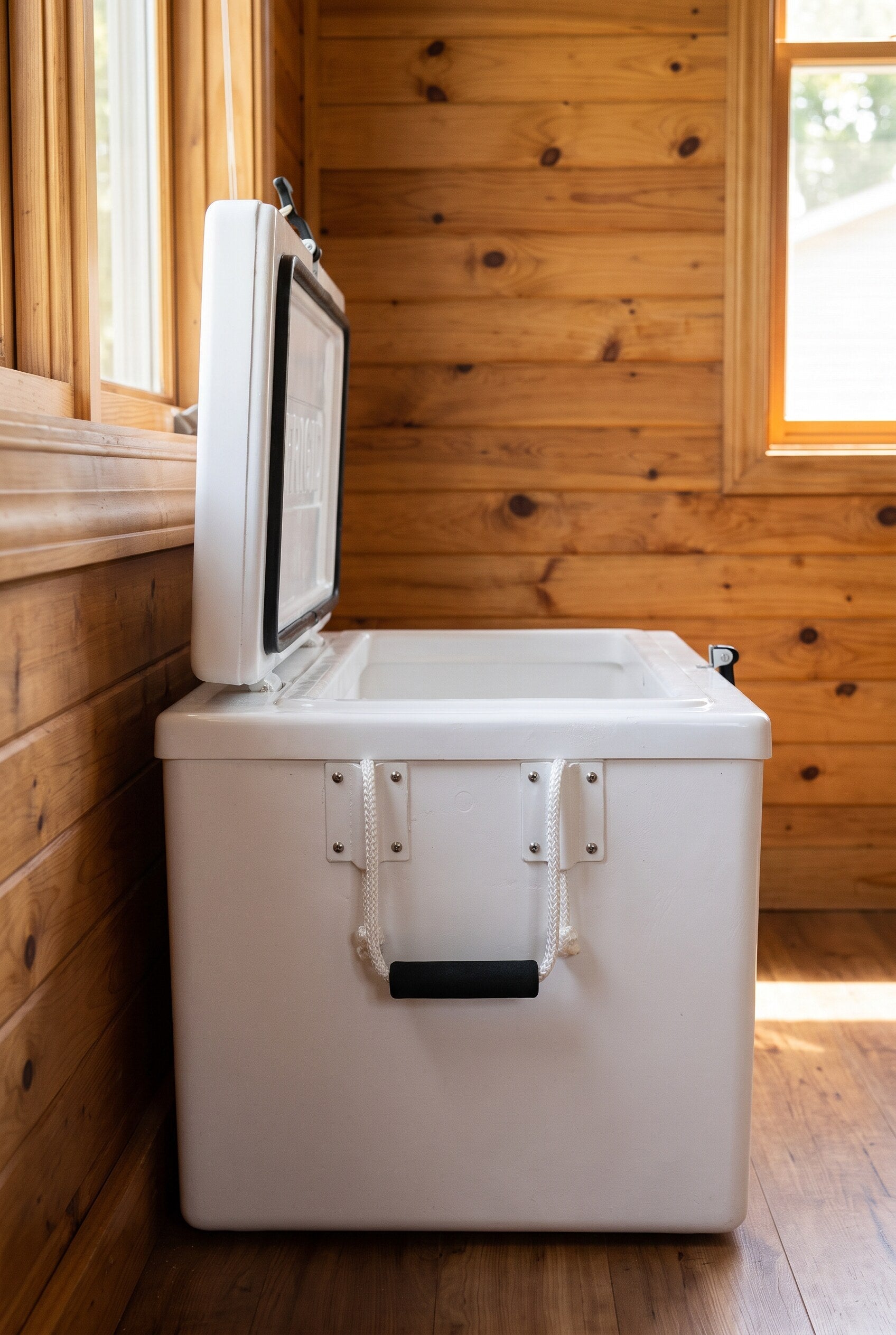 Frigid Rigid Setback Ice Chest — lid open flush against the wall