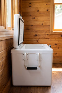 Frigid Rigid Setback Ice Chest — lid open flush against the wall