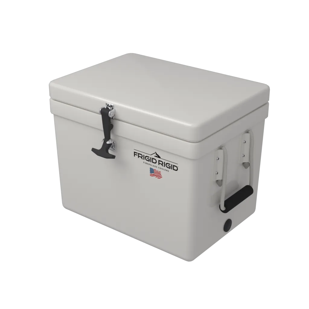 Frigid Rigid ice chest in Frigid Rigid White gel coat, three-quarter view